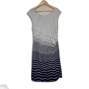 Ann Taylor LOFT Dress Womens Large Striped Cream Navy Cap Sleeve Office Party